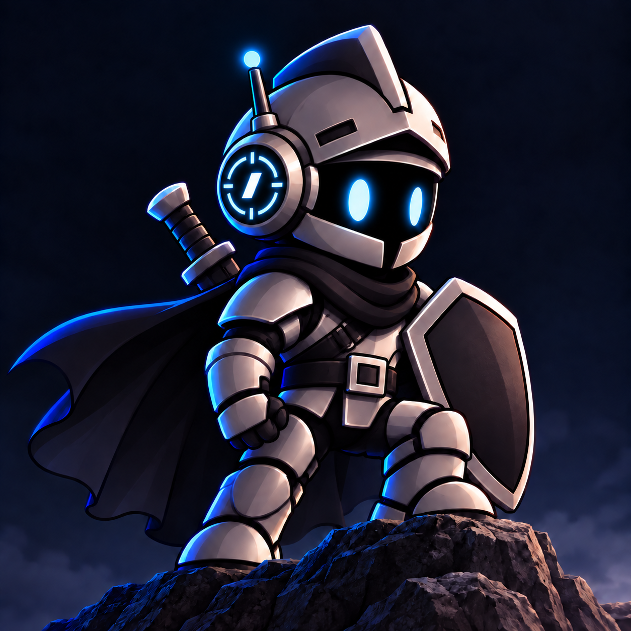 Sentinel, a silver-armored robot with glowing blue eyes, an AnvilRadar emblem, a sword, and a shield.